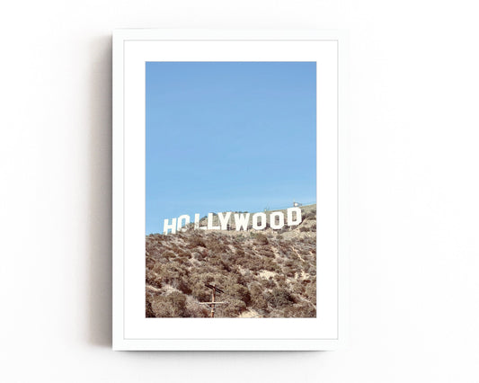  Iconic Hollywood sign photography print featuring the famous California landmark against the backdrop of the Hollywood hills.