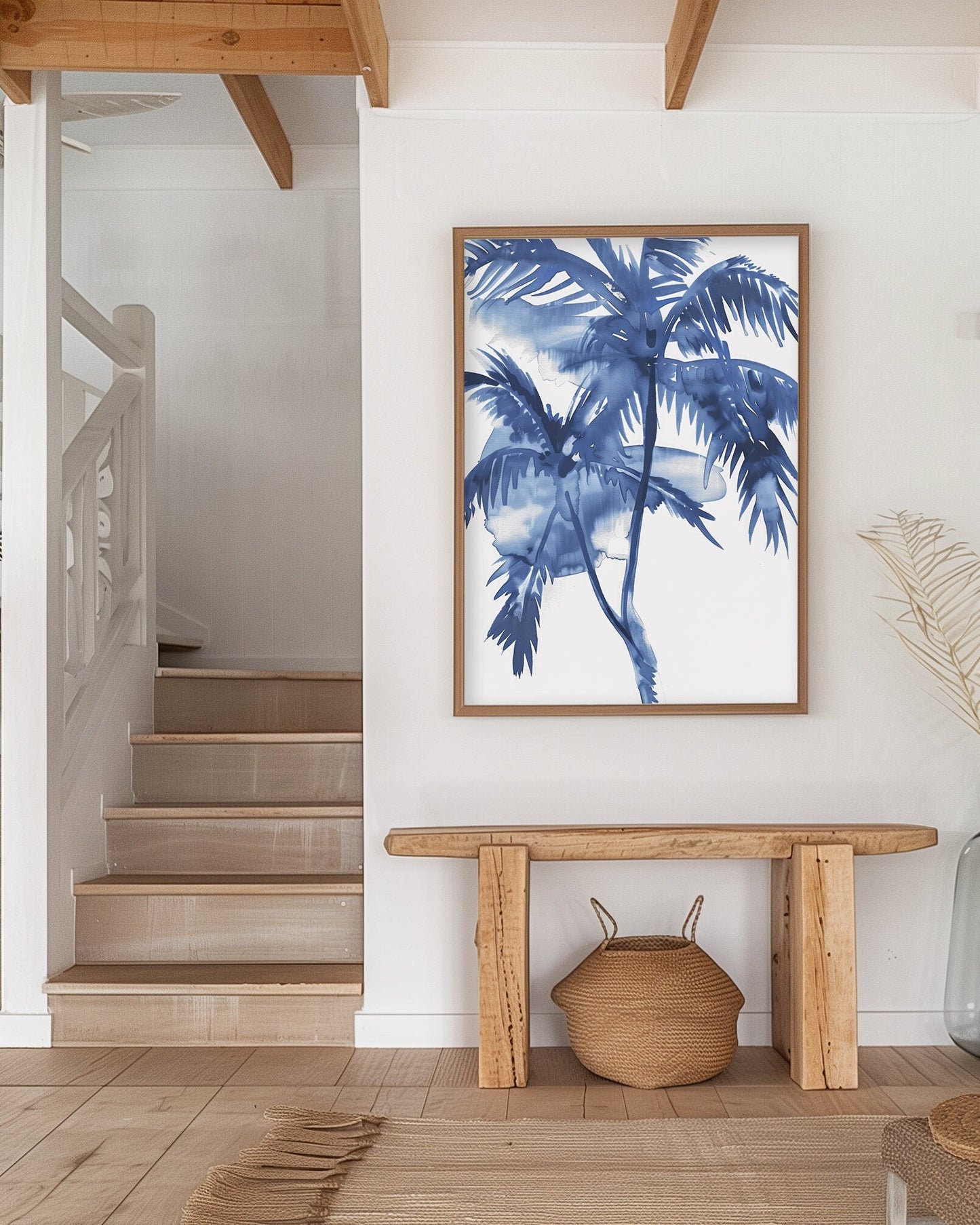 Blue watercolor palm tree print in a black frame, featuring vibrant tropical palms with a calming coastal feel.