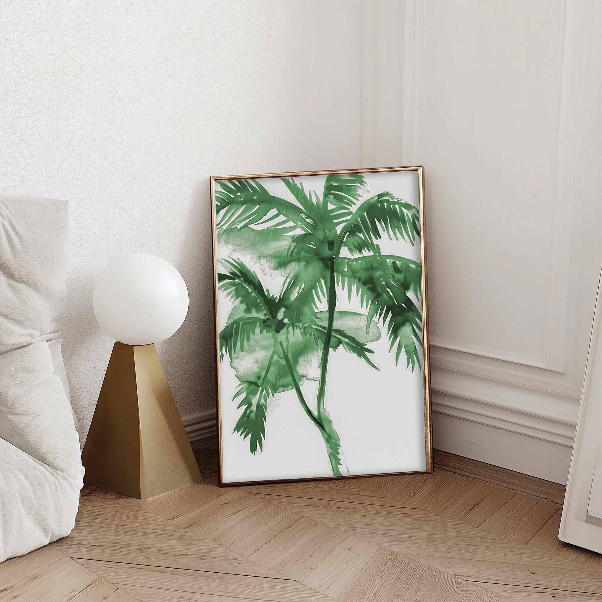 Green watercolor palm tree art print featuring tropical leaves in a minimalist style, perfect for modern nature-inspired decor.