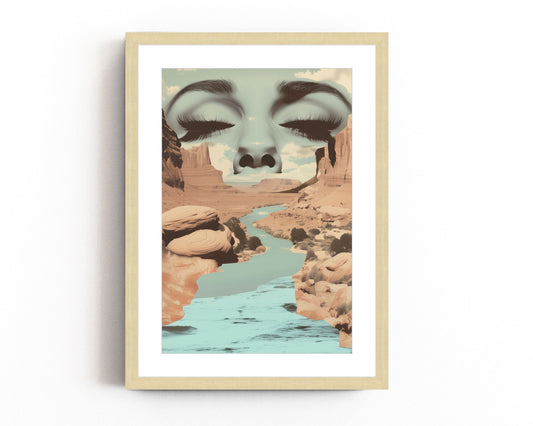 Surreal art print featuring a serene face merging with a desert canyon landscape and flowing river, blending nature and human elements in a dreamlike composition.