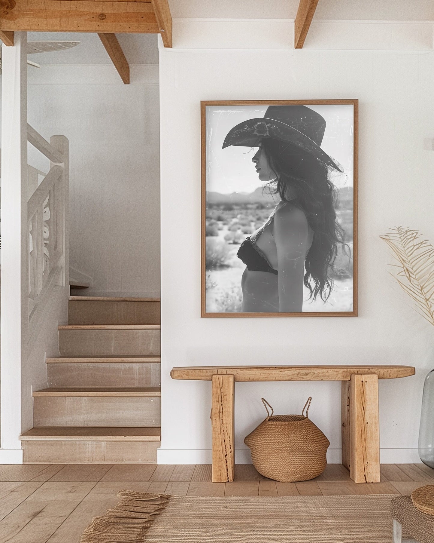 Black and white western cowgirl portrait with vintage film marks and scratches, evoking a southwestern desert vibe with retro photography style.