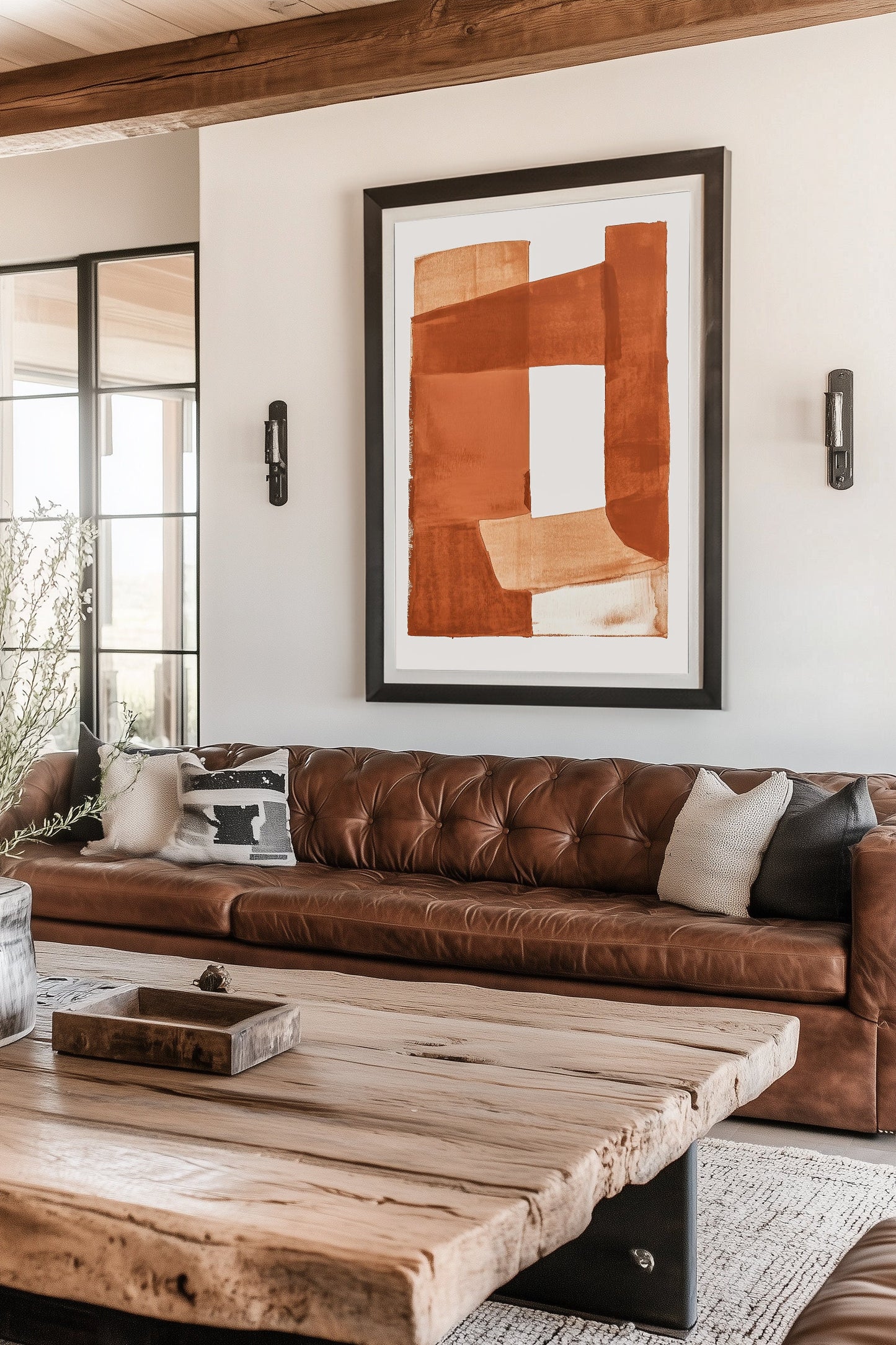 Minimalist abstract art print with geometric shapes in warm earth tones for a contemporary or mid-century modern aesthetic.