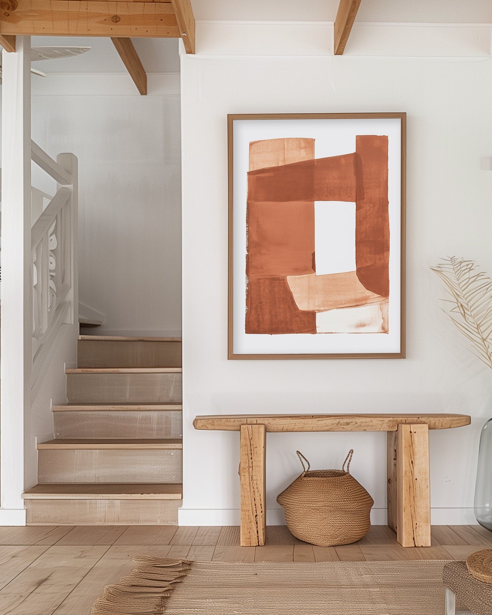 Minimalist abstract art print with geometric shapes in warm earth tones for a contemporary or mid-century modern aesthetic.