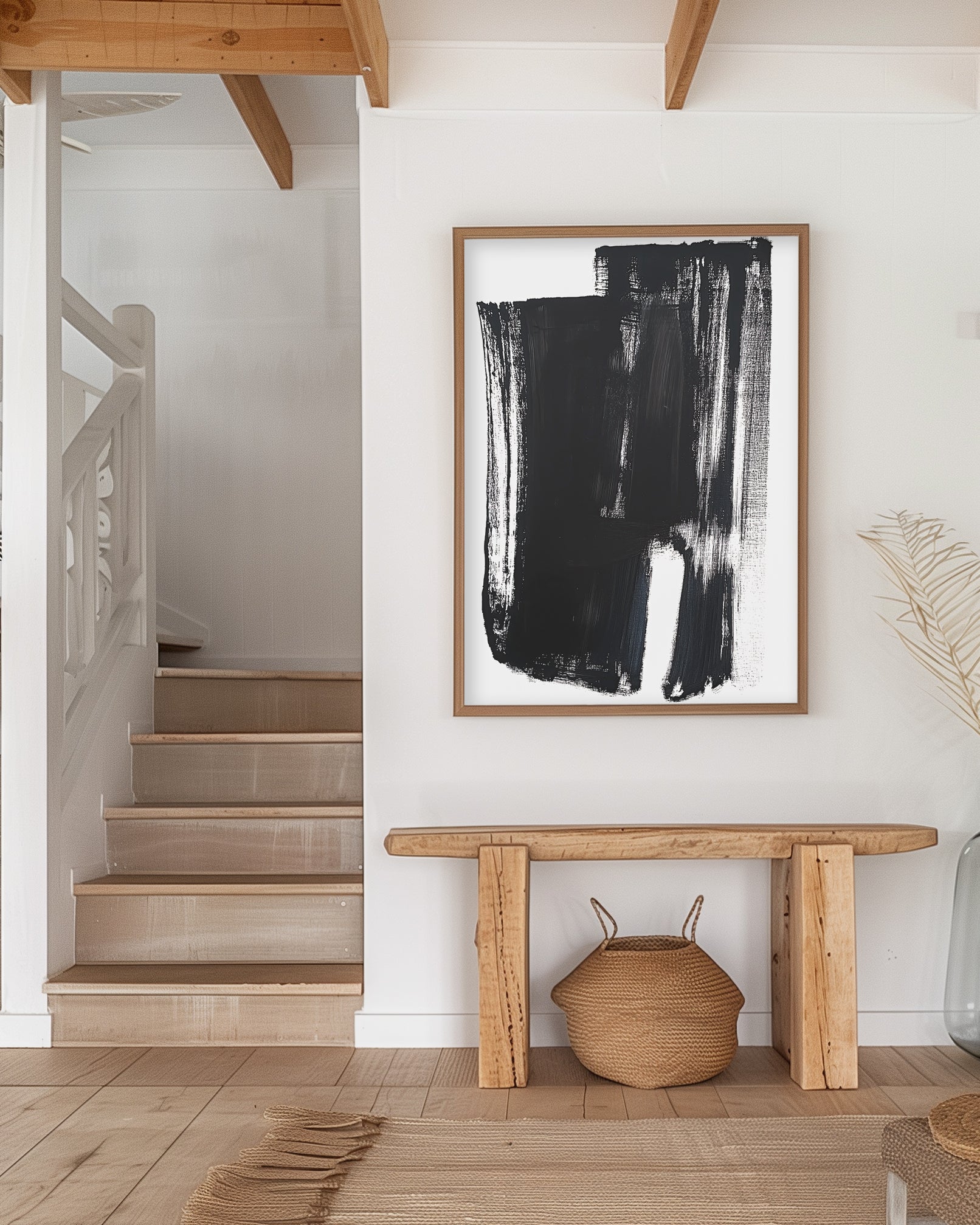 Abstract brushstroke art print with bold black and white design for minimalist interiors.