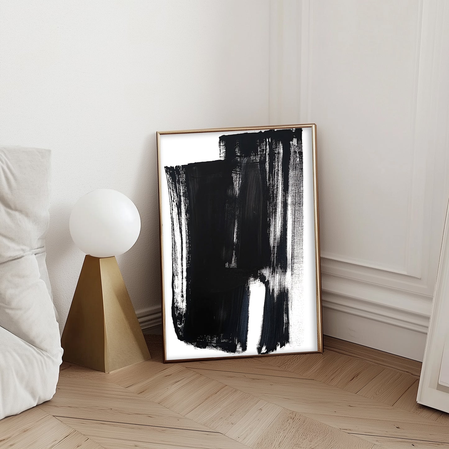 Abstract brushstroke art print with bold black and white design for minimalist interiors.