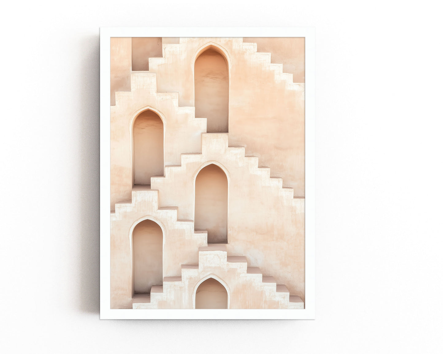 A neutral-toned architectural print featuring layered staircases and arched windows, perfect for minimalist or modern interiors.