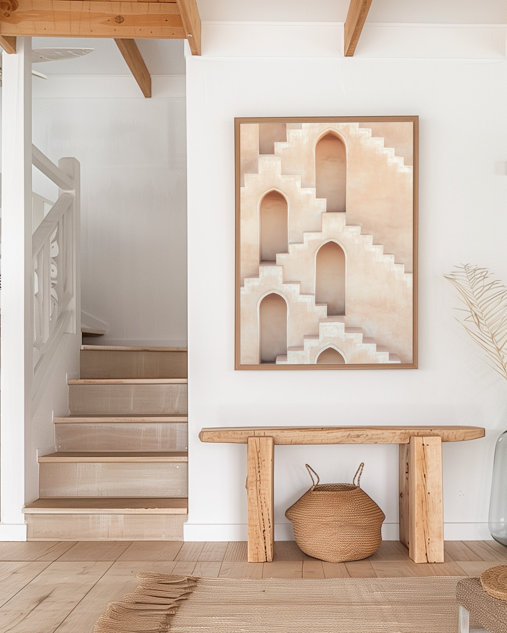 A neutral-toned architectural print featuring layered staircases and arched windows, perfect for minimalist or modern interiors.