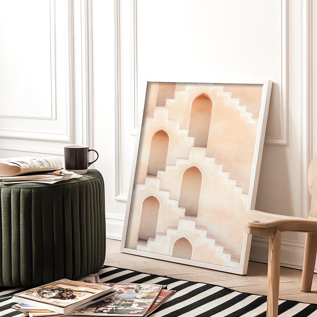 A neutral-toned architectural print featuring layered staircases and arched windows, perfect for minimalist or modern interiors.