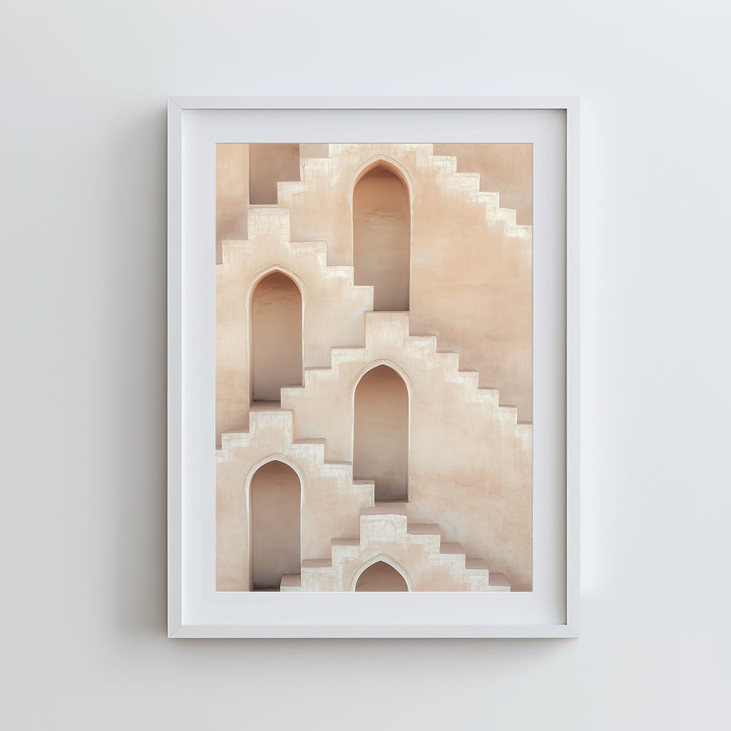 A neutral-toned architectural print featuring layered staircases and arched windows, perfect for minimalist or modern interiors.