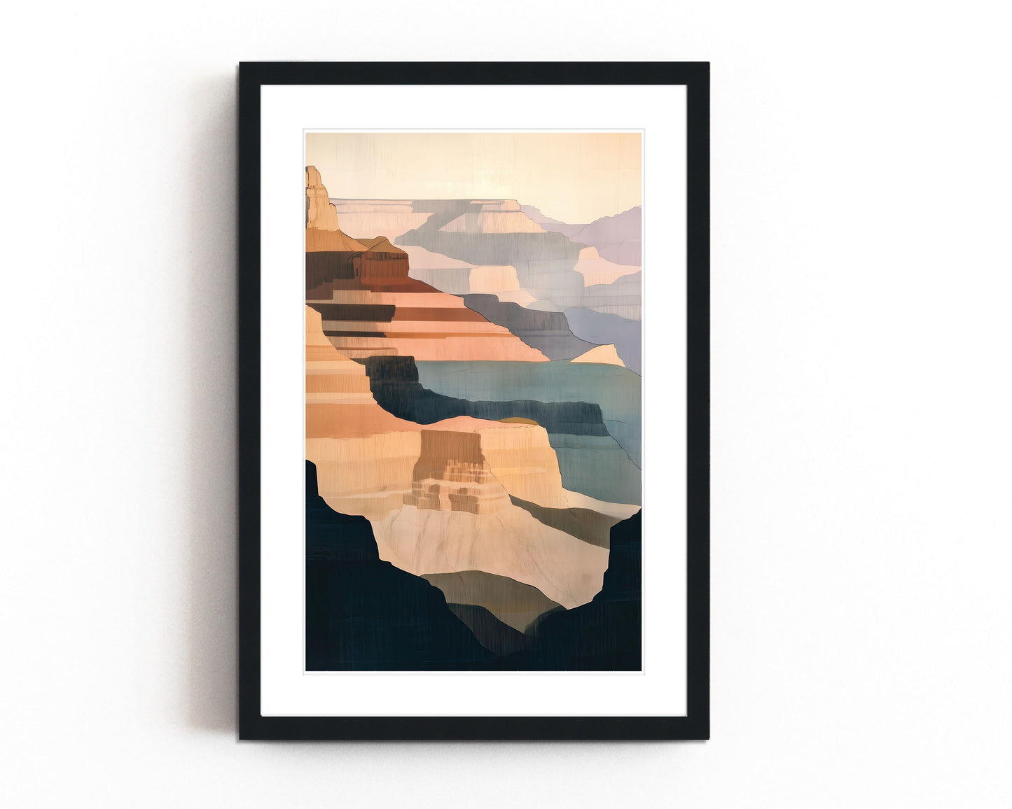 Abstract Grand Canyon wall print with warm earth tones and soft blues, capturing the beauty of canyon landscapes in a minimalist, nature-inspired style.
