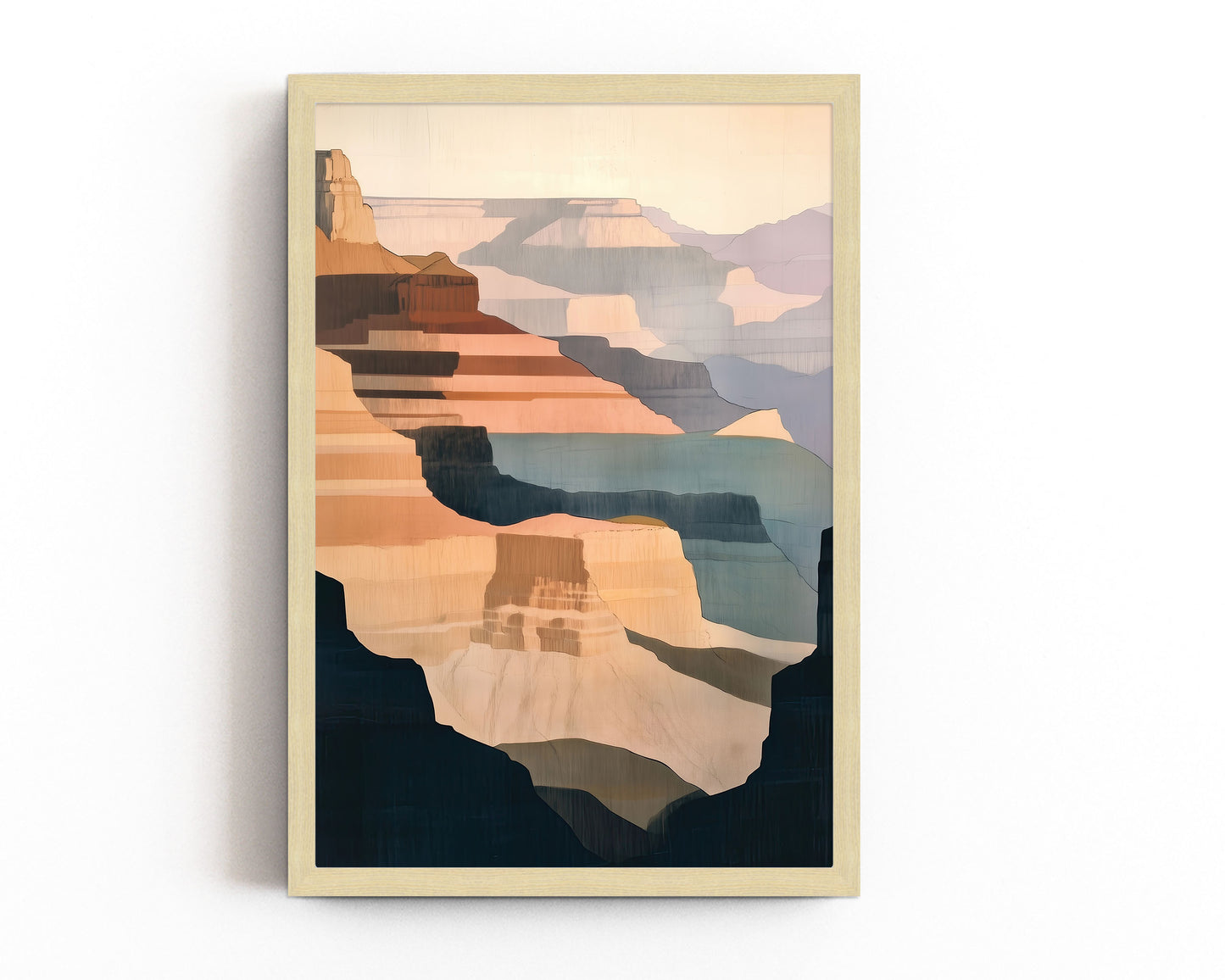 Abstract Grand Canyon wall print with warm earth tones and soft blues, capturing the beauty of canyon landscapes in a minimalist, nature-inspired style.
