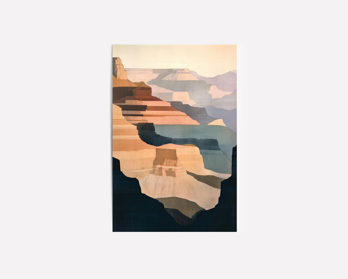 Abstract Grand Canyon wall print with warm earth tones and soft blues, capturing the beauty of canyon landscapes in a minimalist, nature-inspired style.