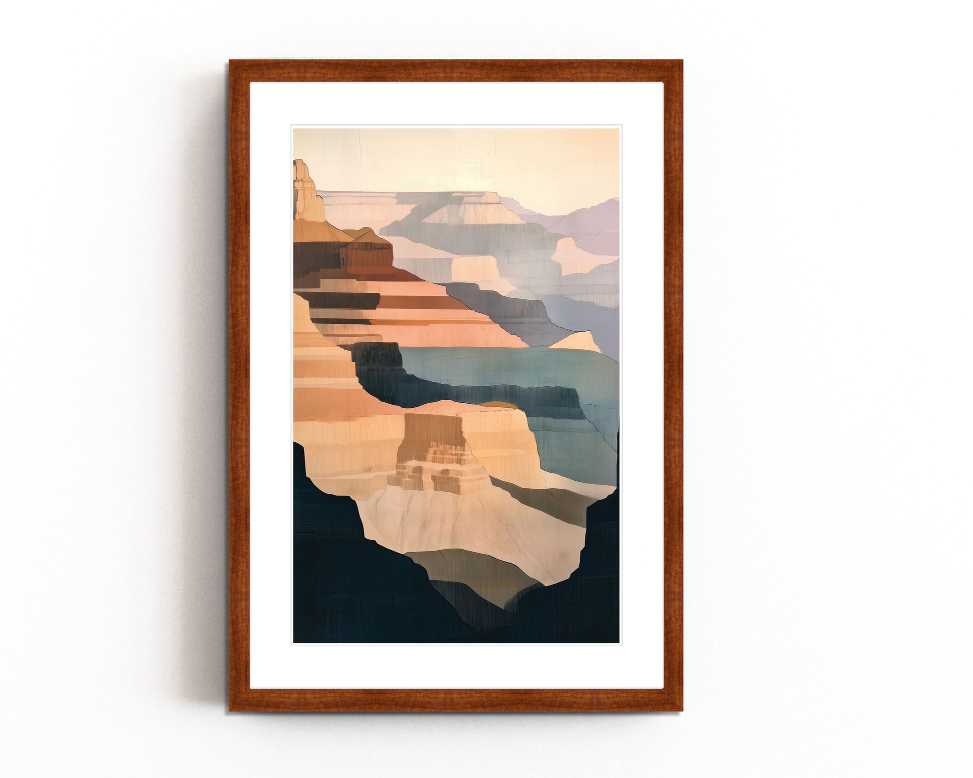 Abstract Grand Canyon wall print with warm earth tones and soft blues, capturing the beauty of canyon landscapes in a minimalist, nature-inspired style.
