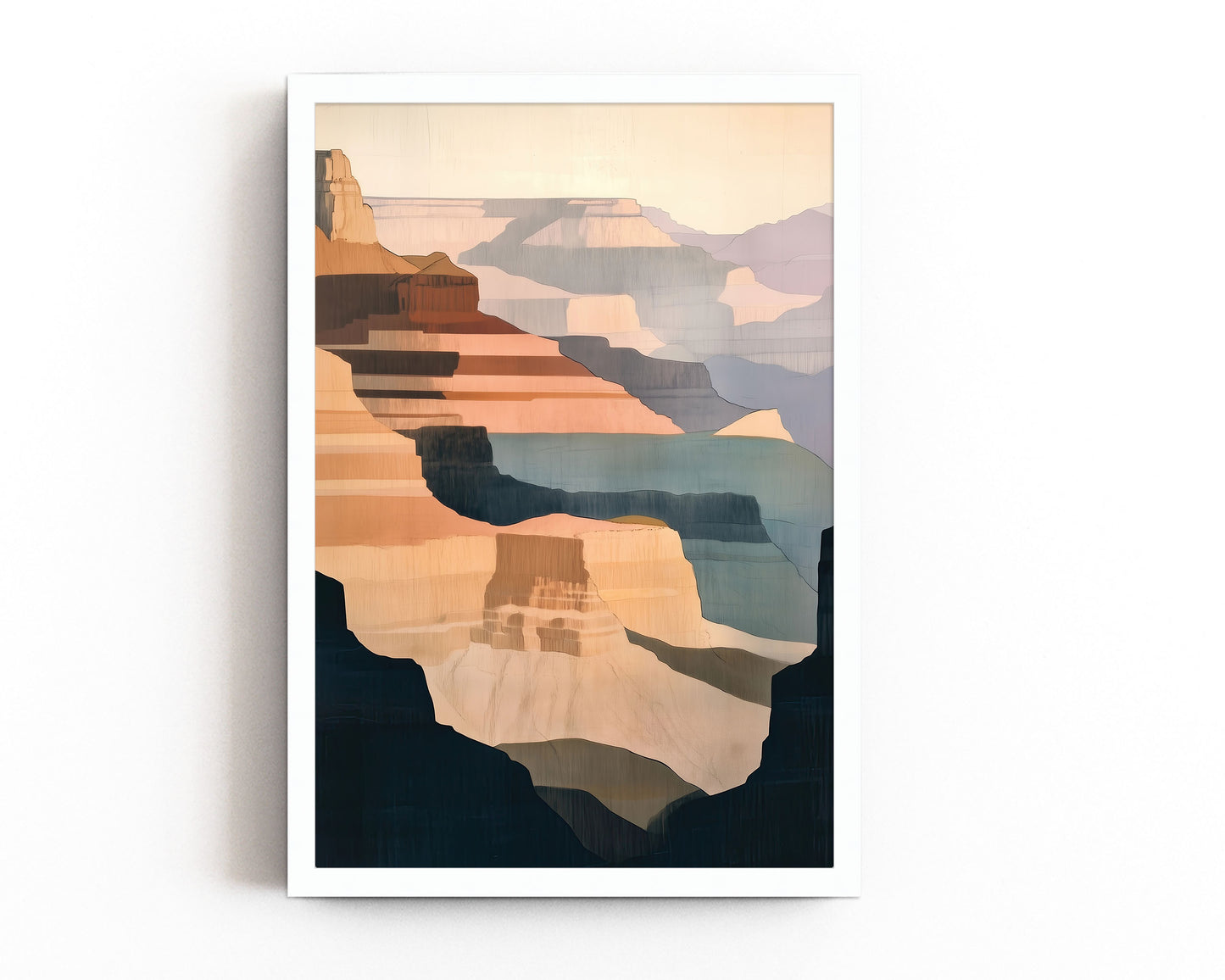 Abstract Grand Canyon wall print with warm earth tones and soft blues, capturing the beauty of canyon landscapes in a minimalist, nature-inspired style.
