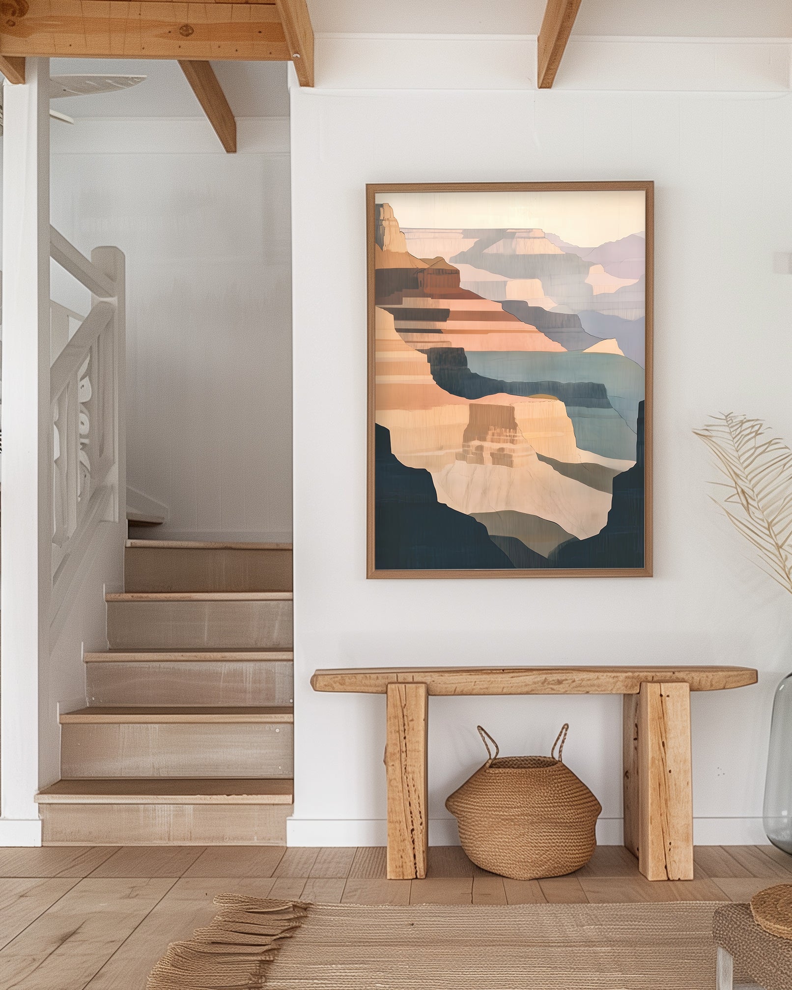 Abstract Grand Canyon wall print with warm earth tones and soft blues, capturing the beauty of canyon landscapes in a minimalist, nature-inspired style.