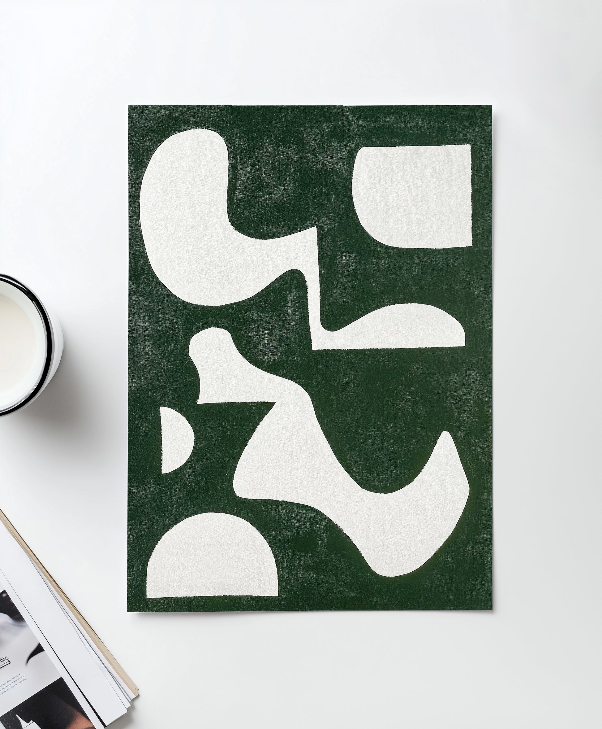 An abstract art print featuring bold white geometric shapes on a rich green background, perfect for modern and minimalist decor.