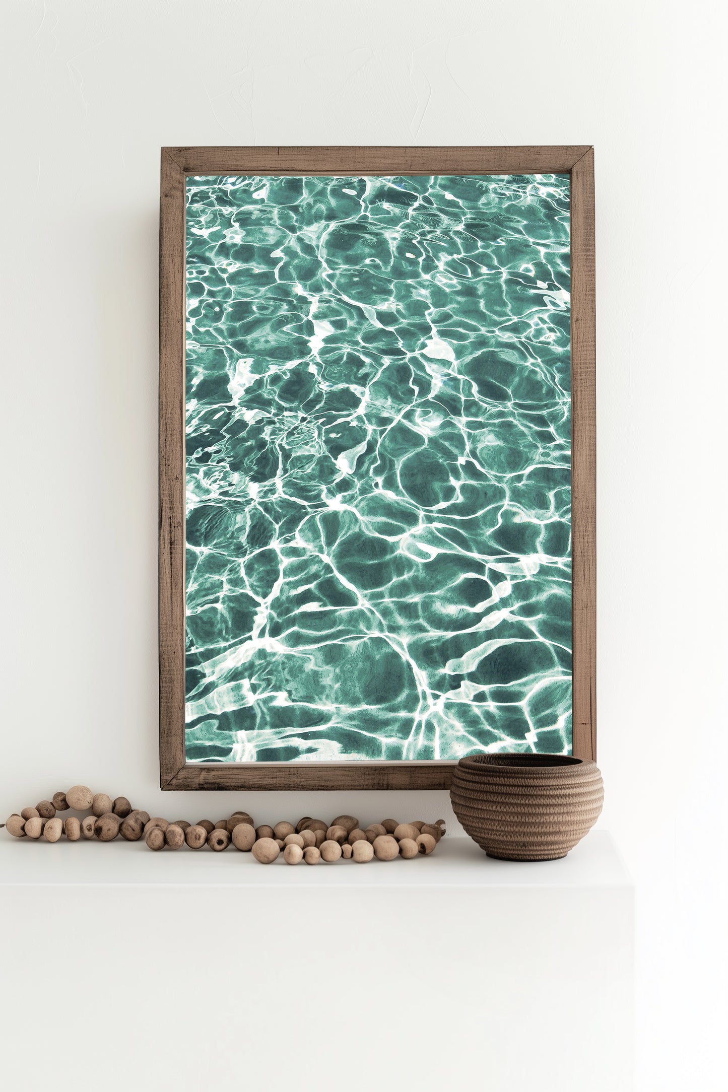 Abstract green aquatic artwork featuring serene pool reflections and organic wave-like patterns, perfect for modern coastal or minimalist interiors.