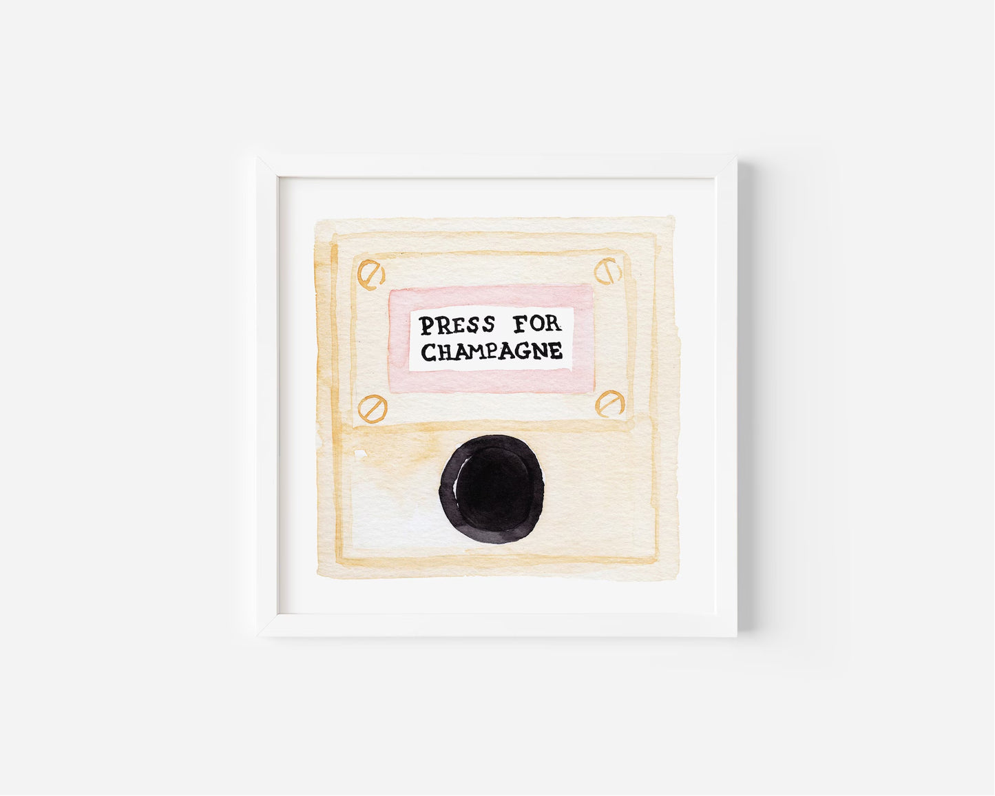  “Press for Champagne” minimalist wall art print featuring a watercolor champagne button design in a wooden frame, photographed for modern decor.
