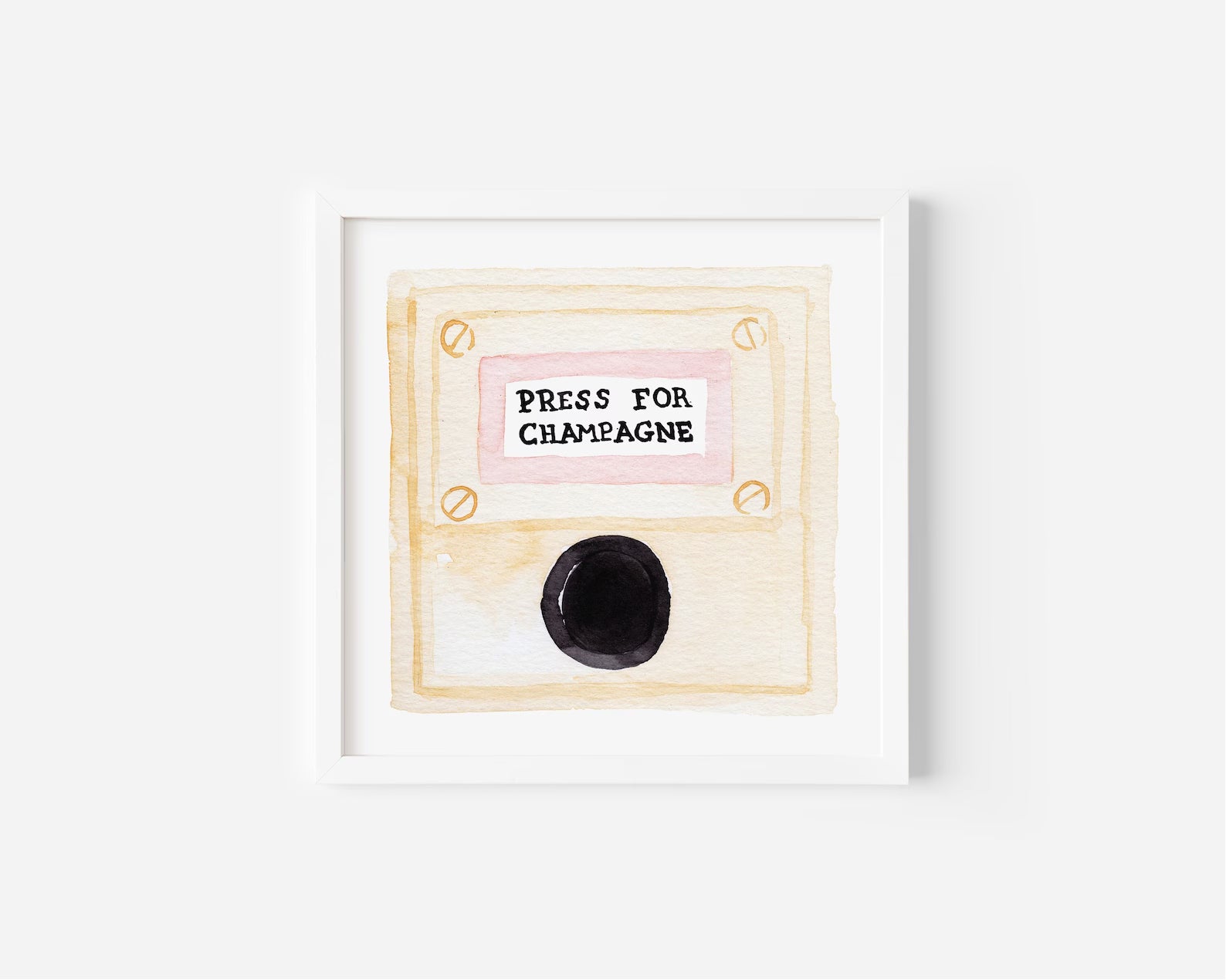  “Press for Champagne” minimalist wall art print featuring a watercolor champagne button design in a wooden frame, photographed for modern decor.
