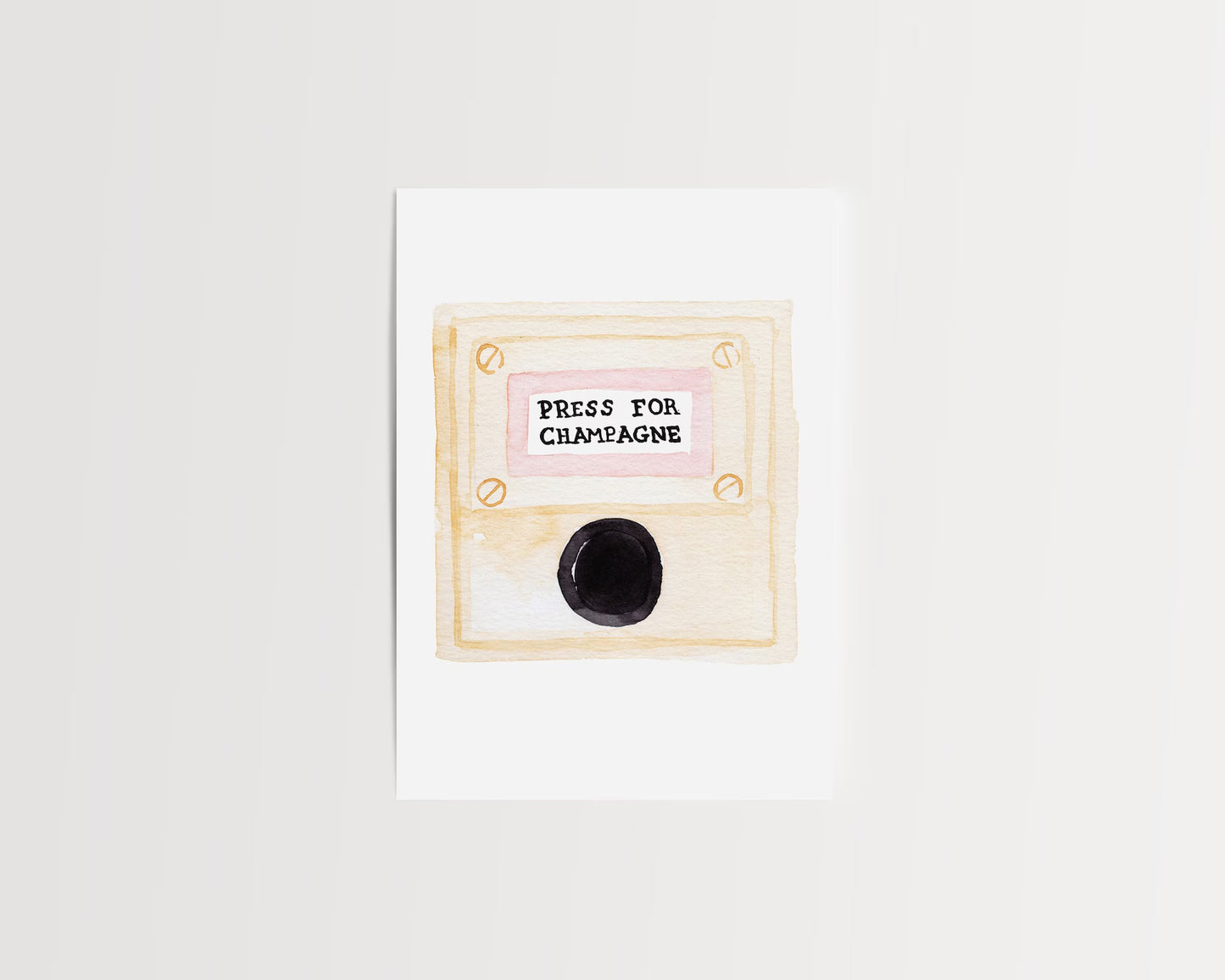  “Press for Champagne” minimalist wall art print featuring a watercolor champagne button design in a wooden frame, photographed for modern decor.
