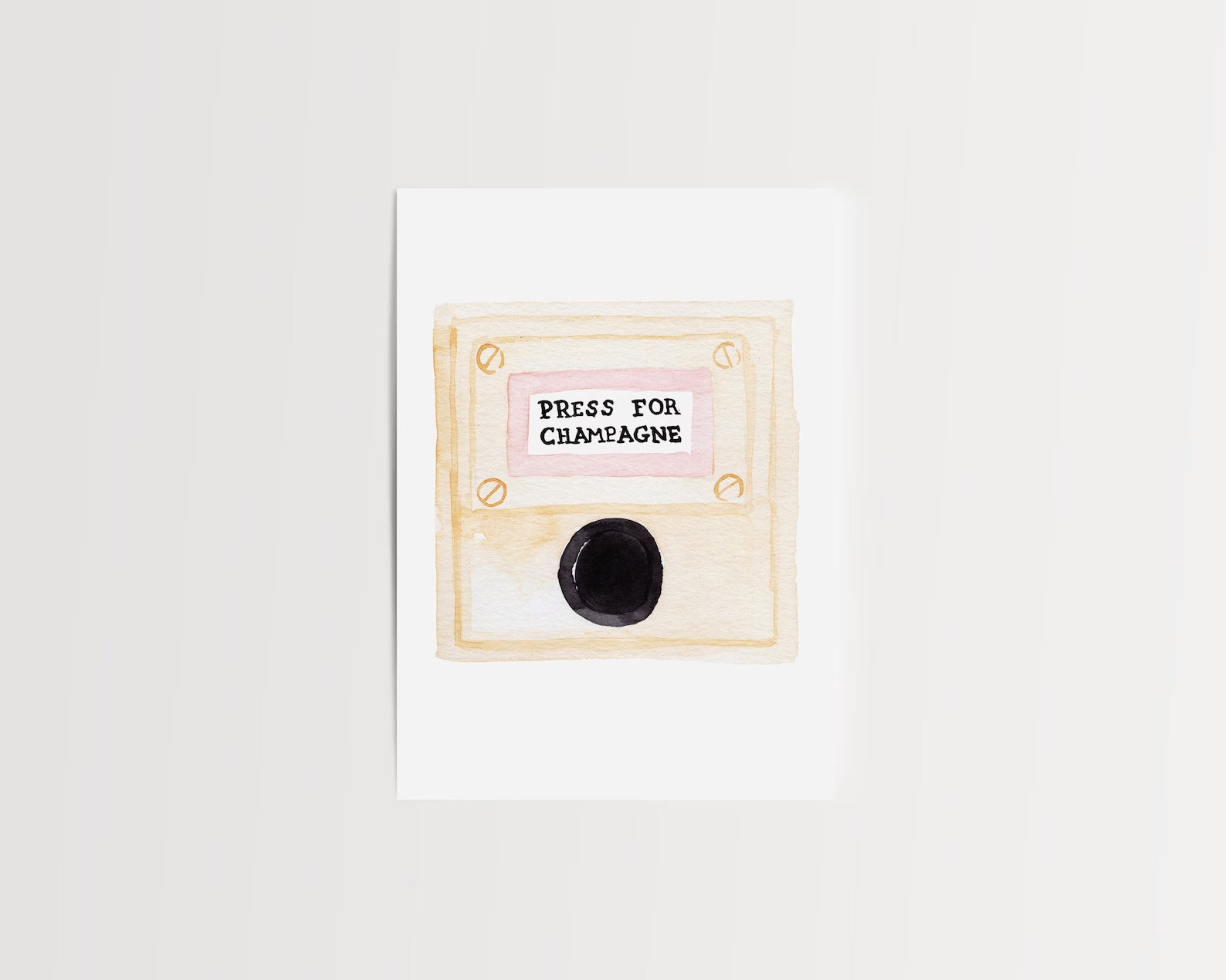  “Press for Champagne” minimalist wall art print featuring a watercolor champagne button design in a wooden frame, photographed for modern decor.
