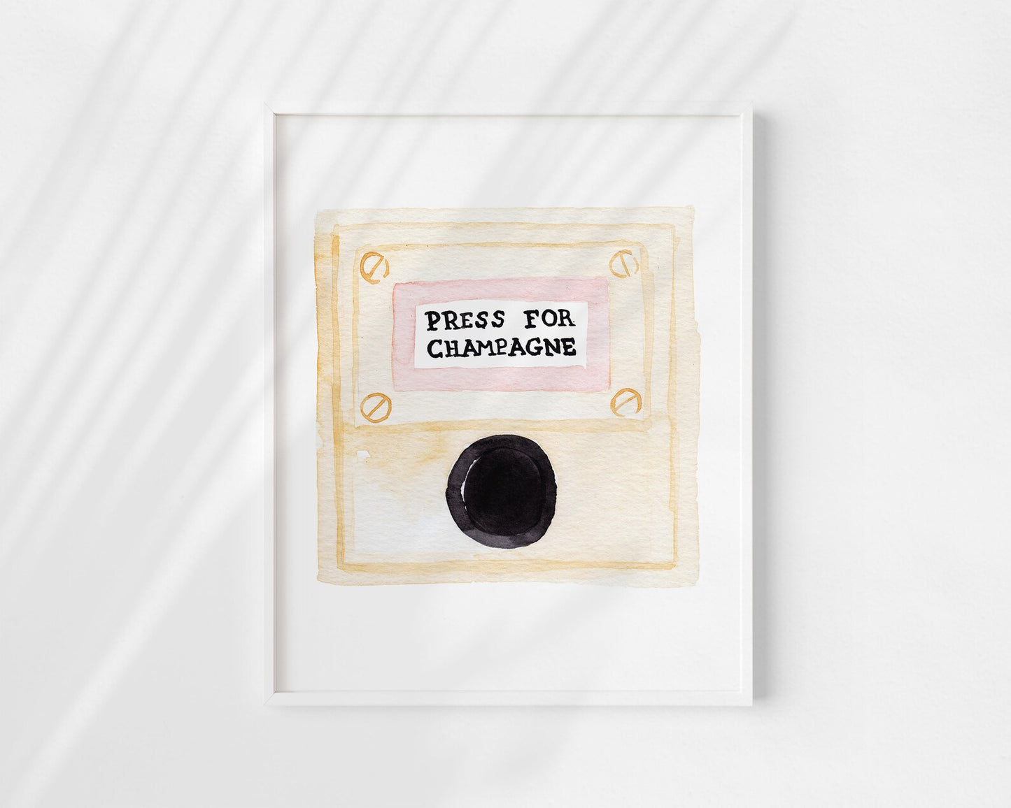  “Press for Champagne” minimalist wall art print featuring a watercolor champagne button design in a wooden frame, photographed for modern decor.
