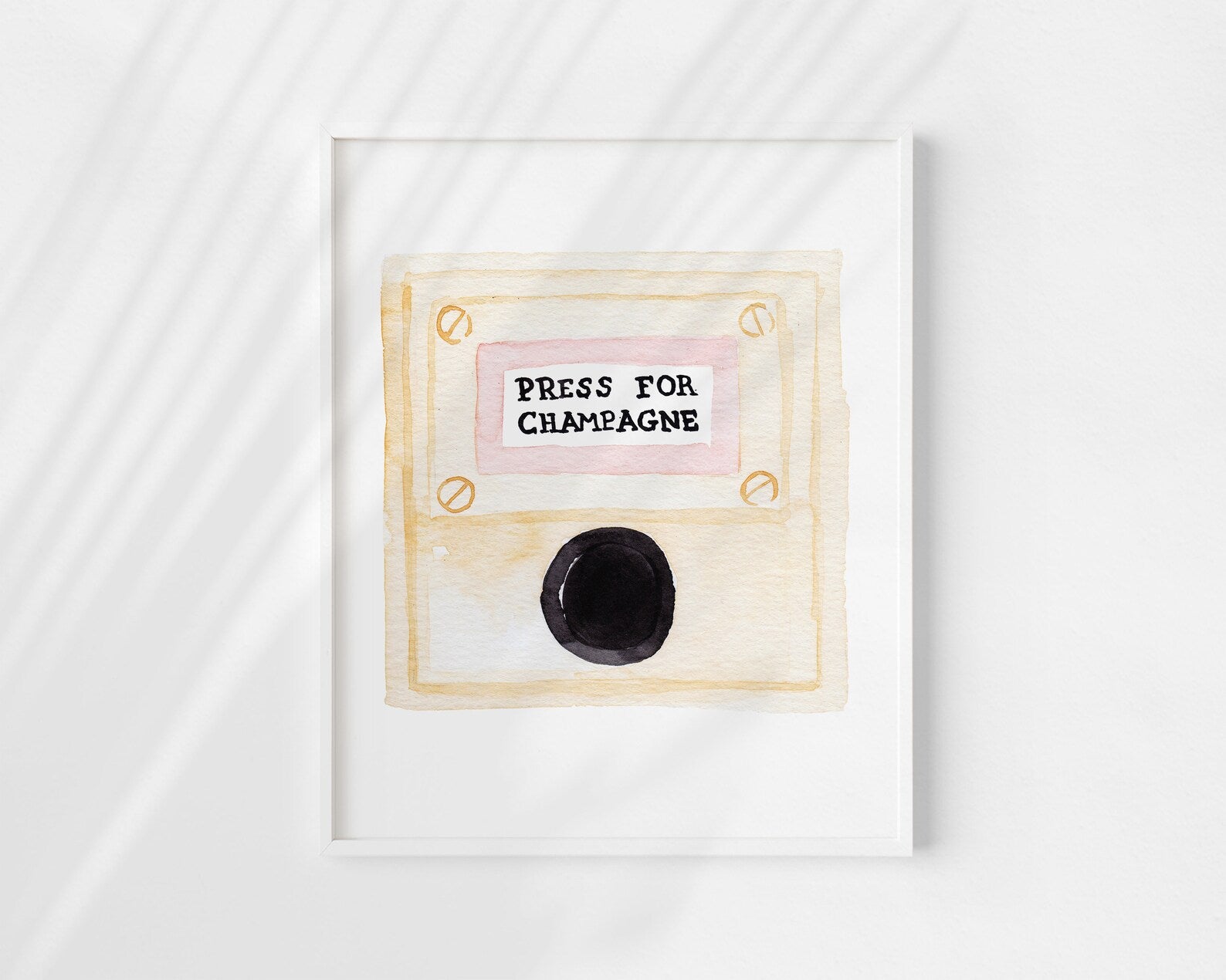  “Press for Champagne” minimalist wall art print featuring a watercolor champagne button design in a wooden frame, photographed for modern decor.

