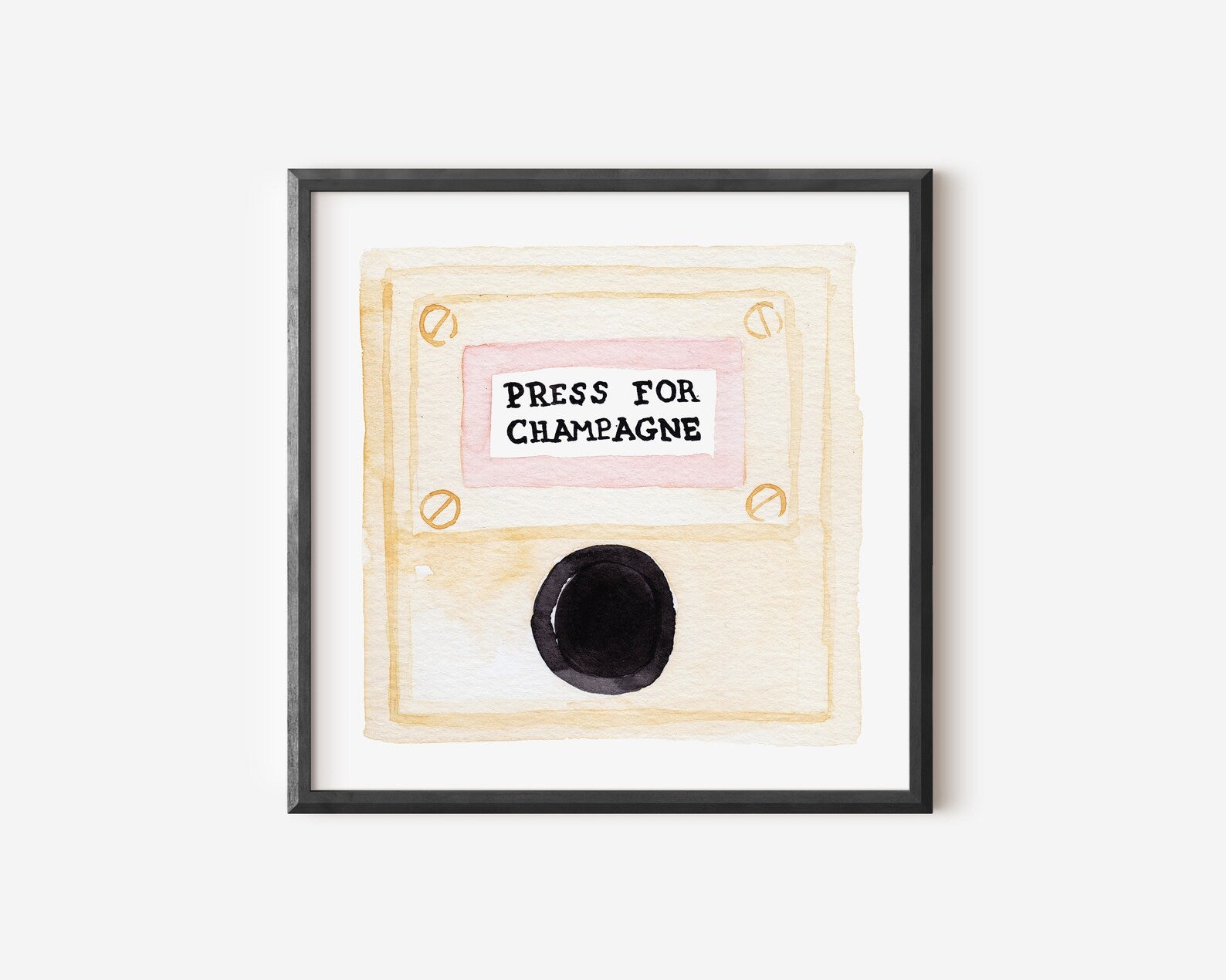  “Press for Champagne” minimalist wall art print featuring a watercolor champagne button design in a wooden frame, photographed for modern decor.
