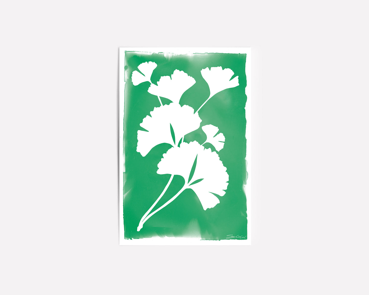 Botanical art print featuring minimalist ginkgo leaf silhouette in green and white, perfect for nature-inspired and large size wall art.