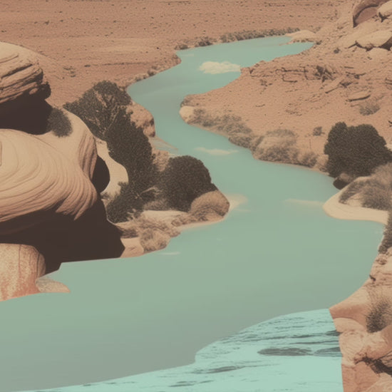 Surreal art print featuring a serene face merging with a desert canyon landscape and flowing river, blending nature and human elements in a dreamlike composition.