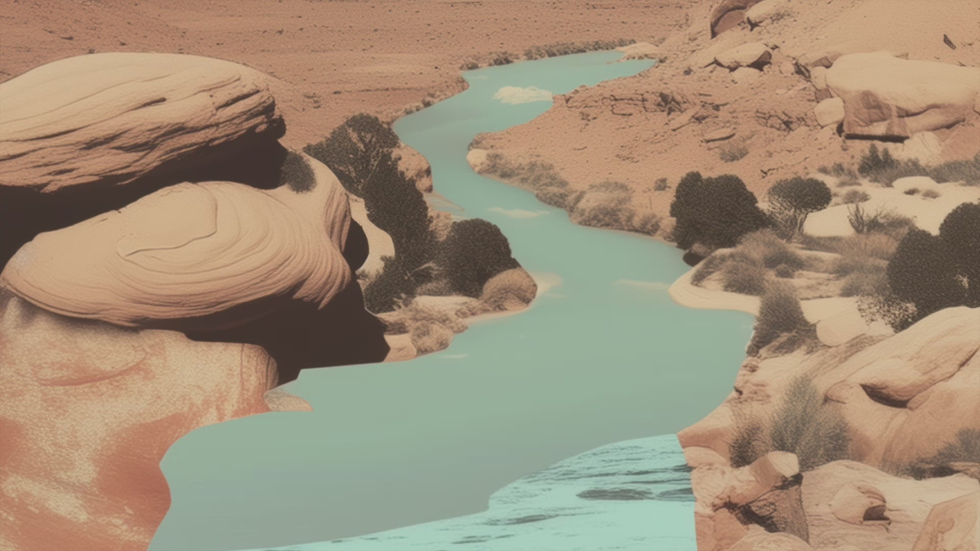 Surreal art print featuring a serene face merging with a desert canyon landscape and flowing river, blending nature and human elements in a dreamlike composition.