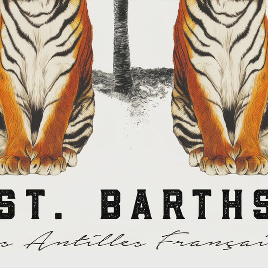 A vintage-style art print of two tigers under a palm tree with “St. Barths” and “Les Antilles Françaises” typography, ideal for tropical or travel-inspired decor.