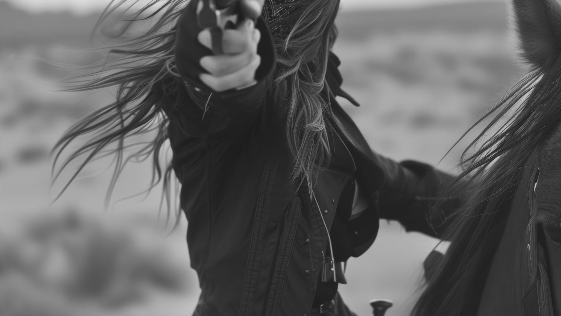 Black and white photograph of a female cowboy riding a horse, wearing a hat and bandana, aiming a revolver directly at the camera. The image captures a powerful, dramatic moment with a Western theme.