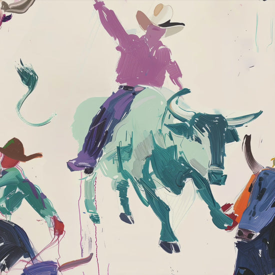 Colorful rodeo art print featuring vibrant cowboys riding bulls in a playful, abstract style. Perfect for modern western decor, contemporary rodeo wall art, and bold cowboy-inspired decor.