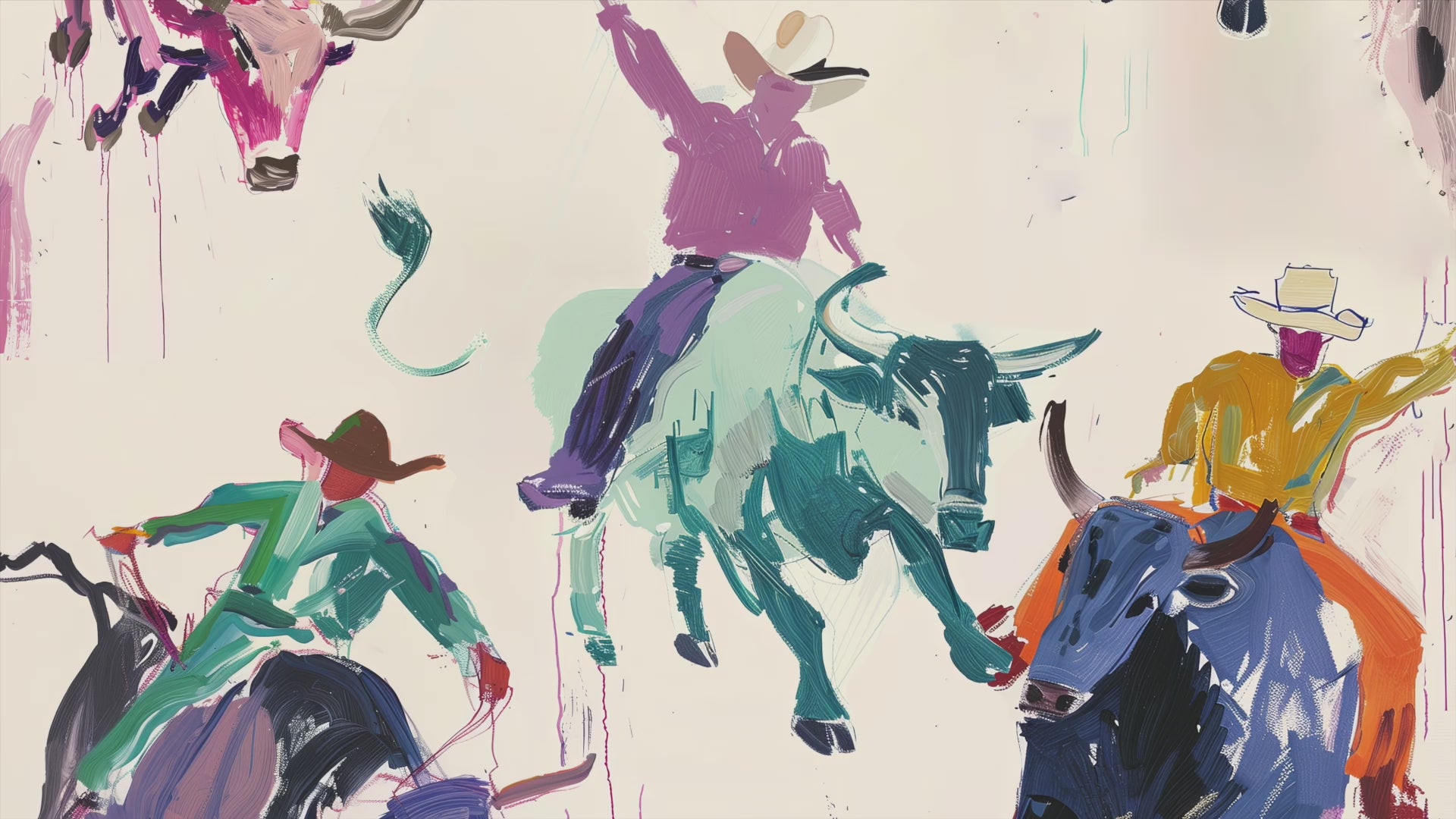 Colorful rodeo art print featuring vibrant cowboys riding bulls in a playful, abstract style. Perfect for modern western decor, contemporary rodeo wall art, and bold cowboy-inspired decor.