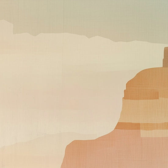 Abstract canyon landscape print with soft earth tones, muted greens, and oranges, evoking a calm southwestern desert scene.