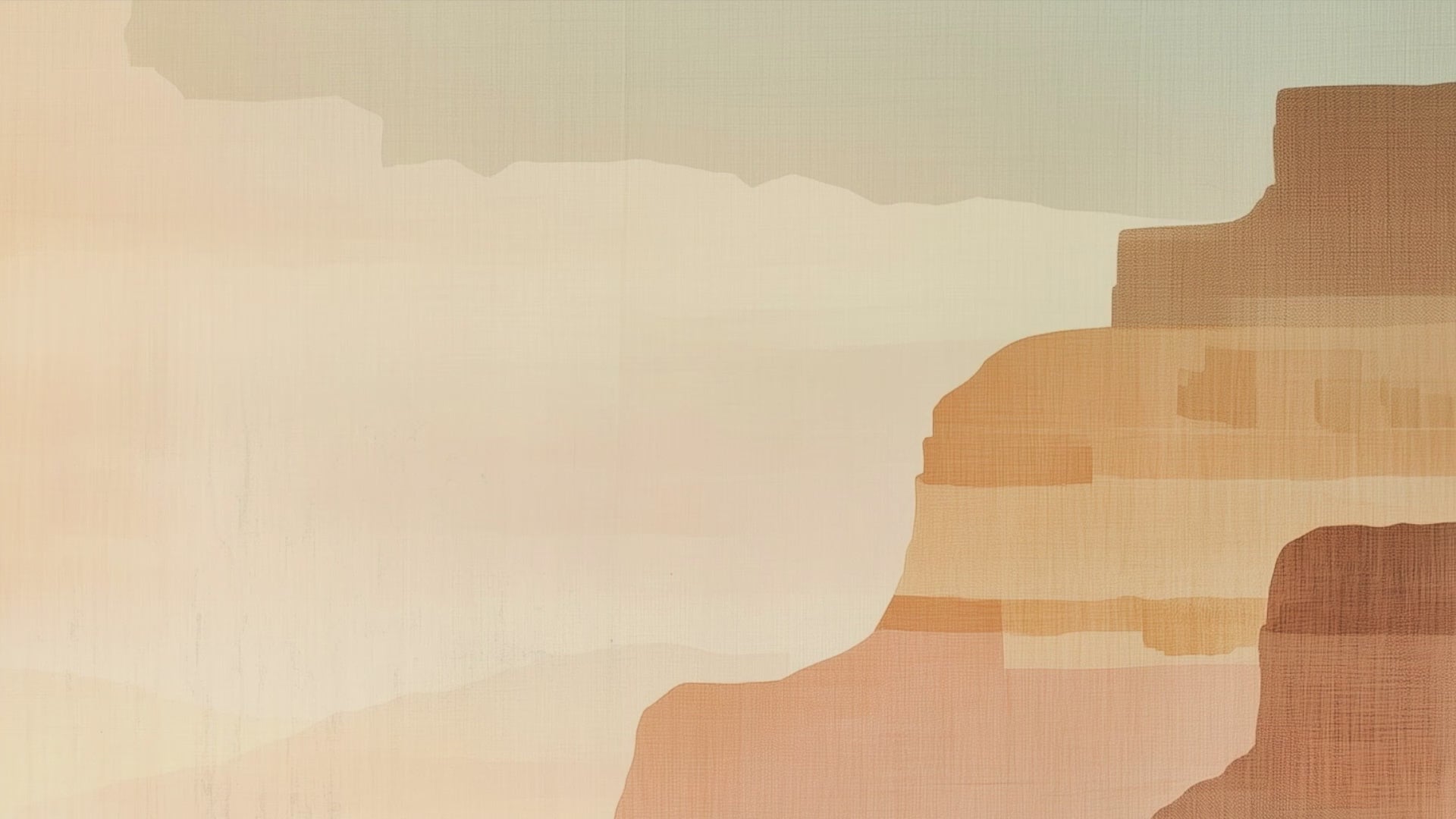 Abstract canyon landscape print with soft earth tones, muted greens, and oranges, evoking a calm southwestern desert scene.