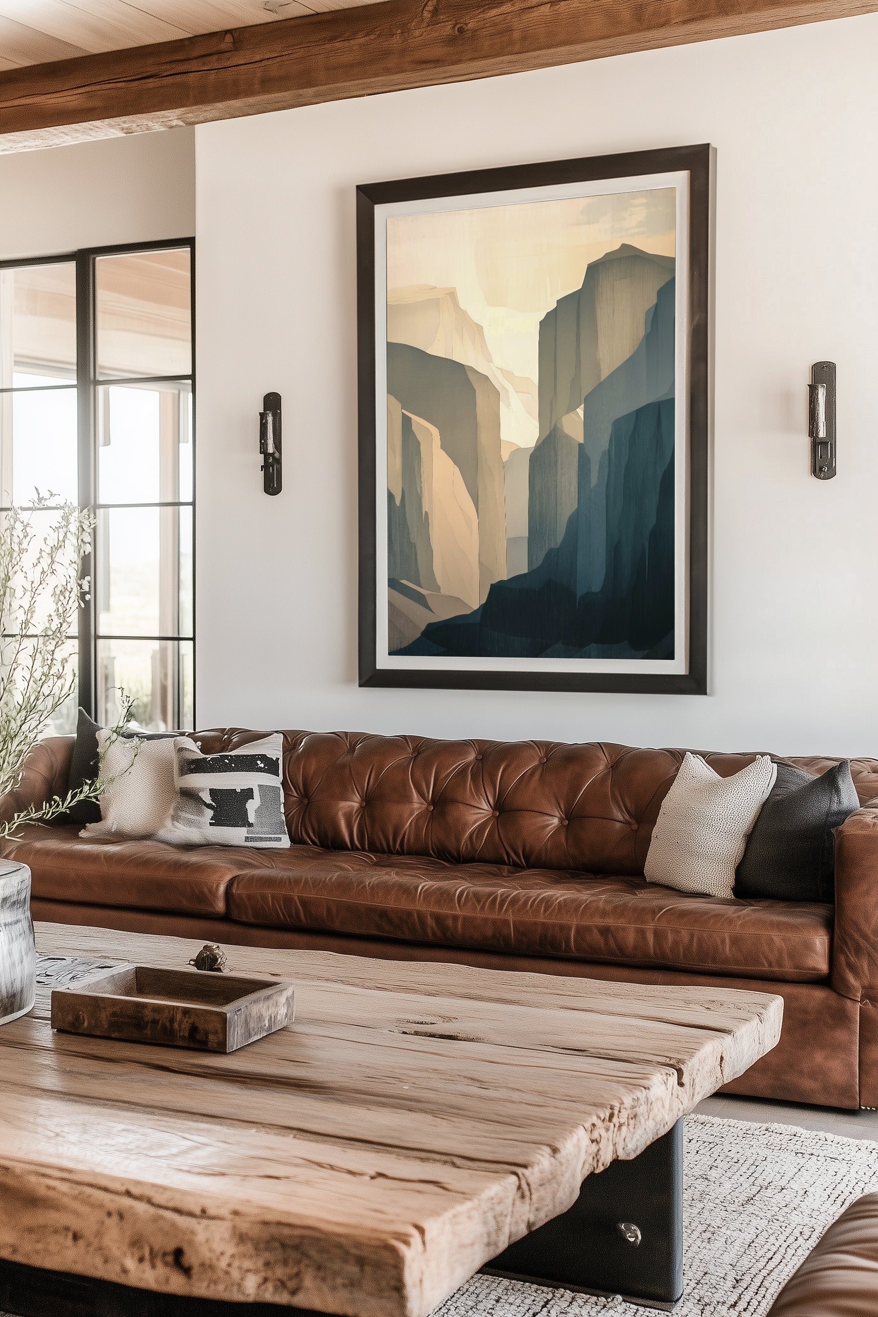 Abstract Yosemite National Park print with earth tones, featuring modern mountain cliffs and valleys for a minimalist and nature-inspired decor style.
