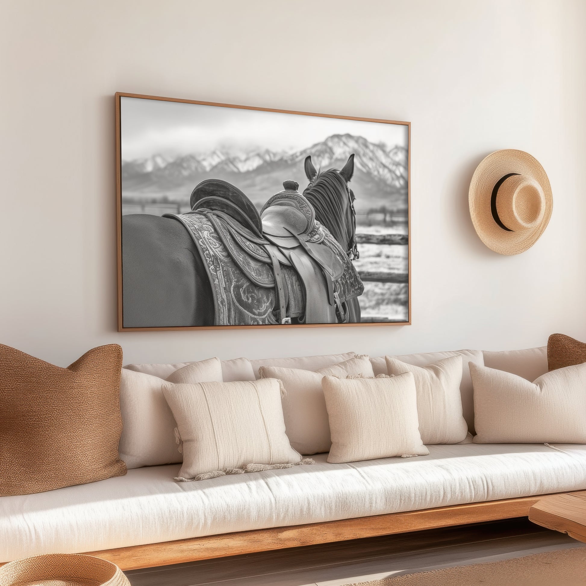 Black and white horse photography print featuring a horse with a detailed western saddle, set against a mountain landscape. Ideal for rustic equestrian decor and western-inspired art.