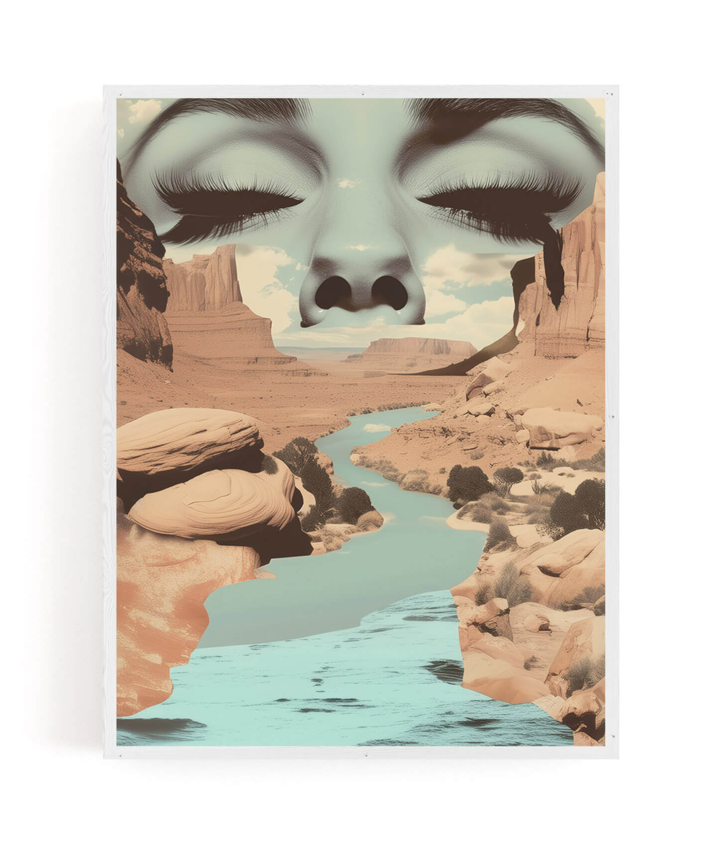 A surreal art print featuring a large closed female face superimposed over a desert canyon landscape with a winding turquoise river. The print is shown with a white border against a light gray background.