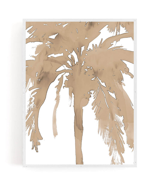 A framed abstract art print featuring a stylized palm tree silhouette in warm beige and tan tones on a white background.