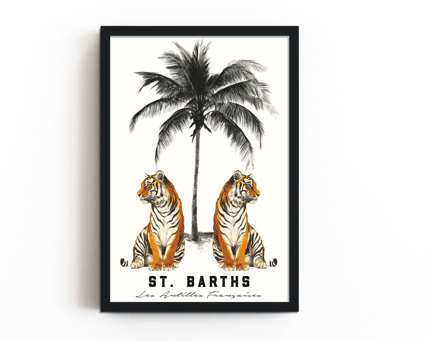 A vintage-style art print of two tigers under a palm tree with “St. Barths” and “Les Antilles Françaises” typography, ideal for tropical or travel-inspired decor.