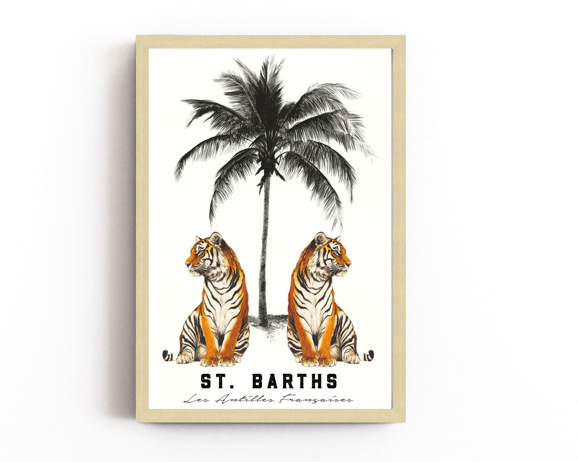 A vintage-style art print of two tigers under a palm tree with “St. Barths” and “Les Antilles Françaises” typography, ideal for tropical or travel-inspired decor.