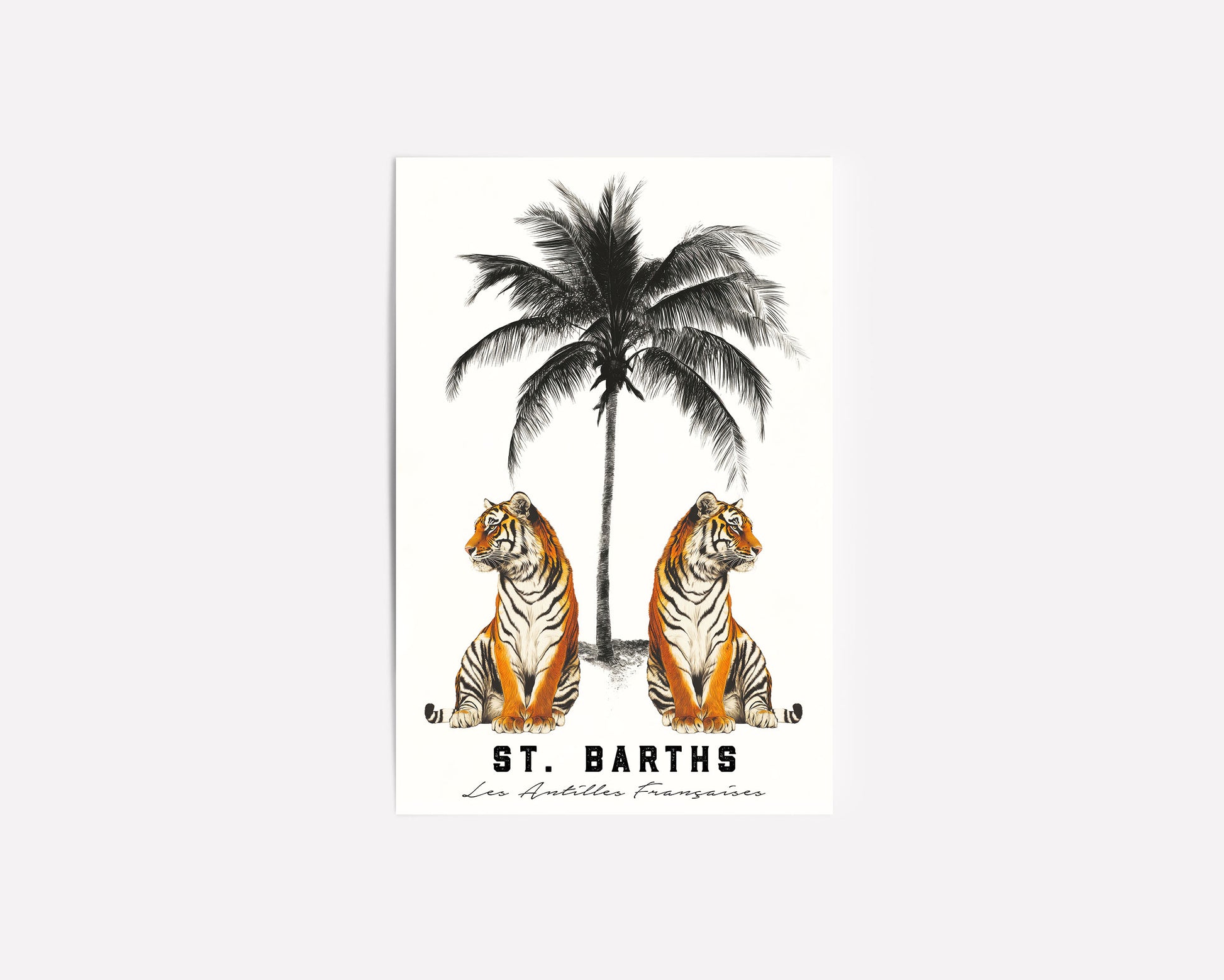 A vintage-style art print of two tigers under a palm tree with “St. Barths” and “Les Antilles Françaises” typography, ideal for tropical or travel-inspired decor.