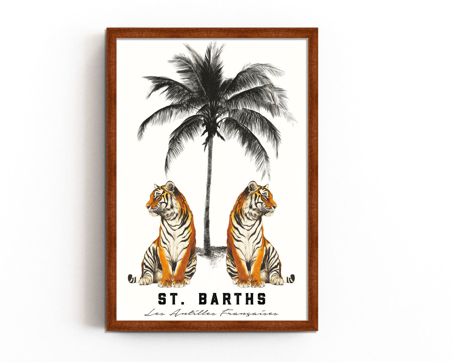 A vintage-style art print of two tigers under a palm tree with “St. Barths” and “Les Antilles Françaises” typography, ideal for tropical or travel-inspired decor.