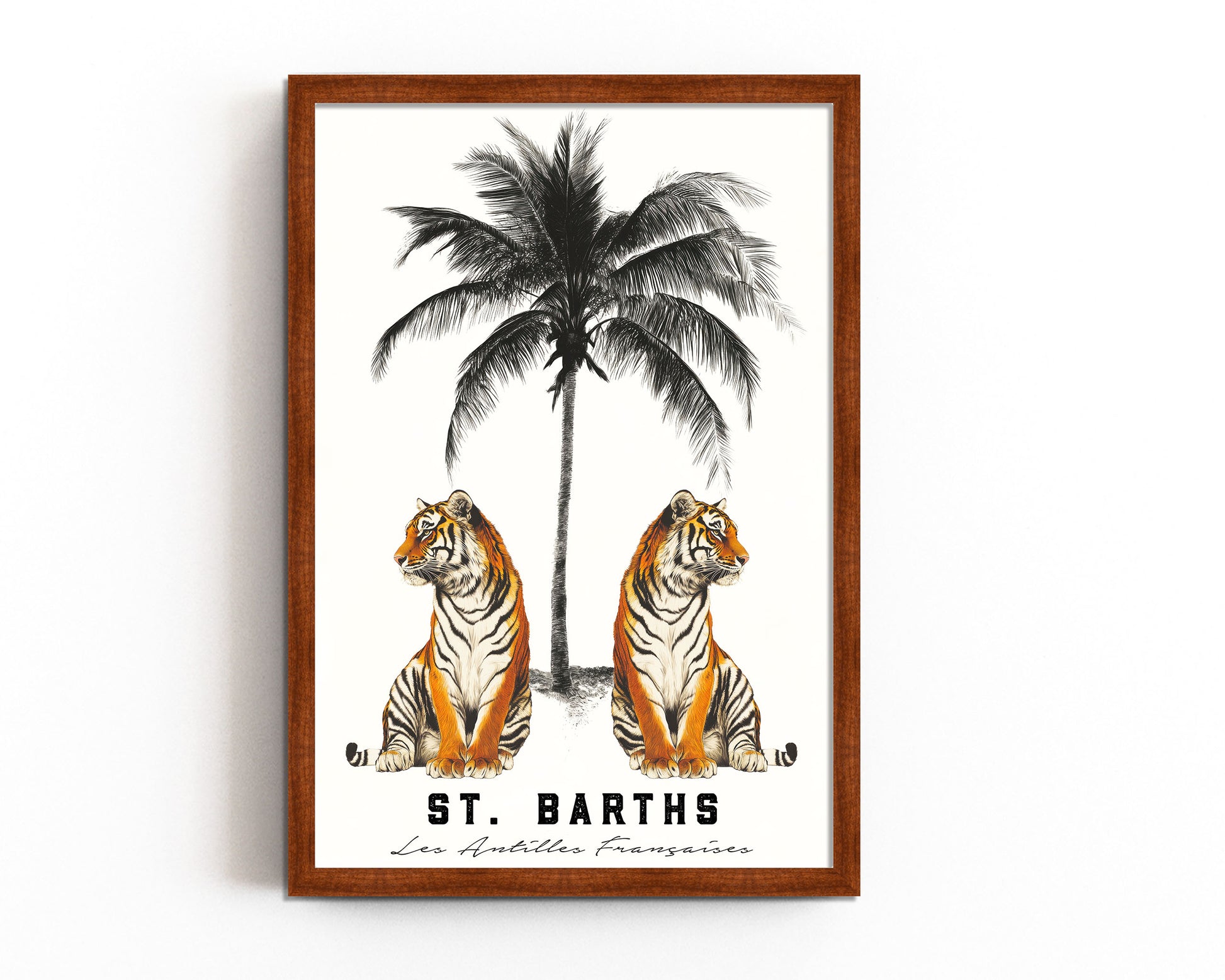 A vintage-style art print of two tigers under a palm tree with “St. Barths” and “Les Antilles Françaises” typography, ideal for tropical or travel-inspired decor.