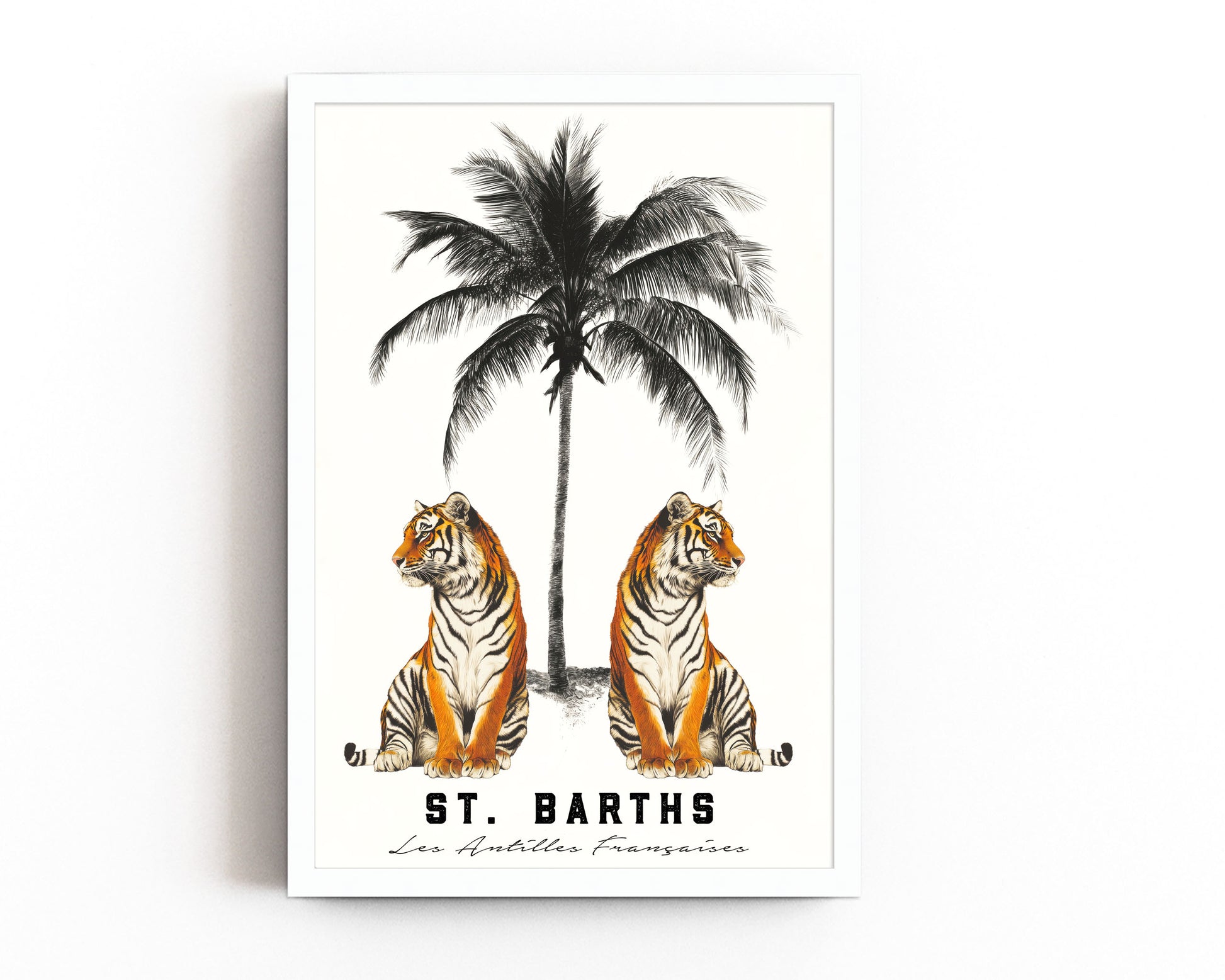 A vintage-style art print of two tigers under a palm tree with “St. Barths” and “Les Antilles Françaises” typography, ideal for tropical or travel-inspired decor.