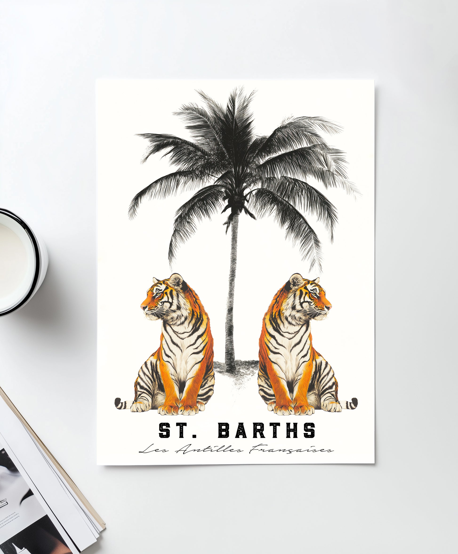 A vintage-style art print of two tigers under a palm tree with “St. Barths” and “Les Antilles Françaises” typography, ideal for tropical or travel-inspired decor.