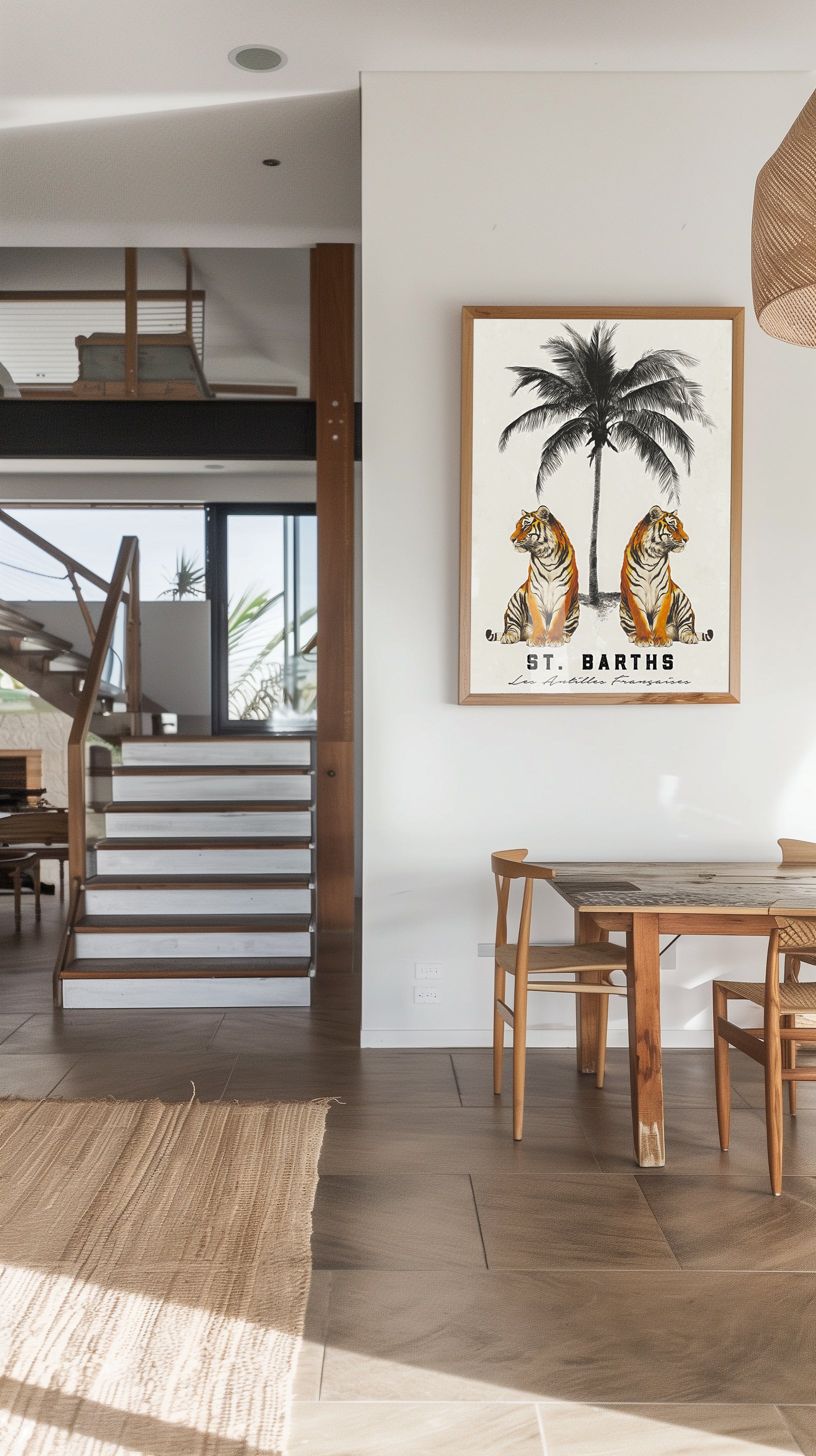 A vintage-style art print of two tigers under a palm tree with “St. Barths” and “Les Antilles Françaises” typography, ideal for tropical or travel-inspired decor.