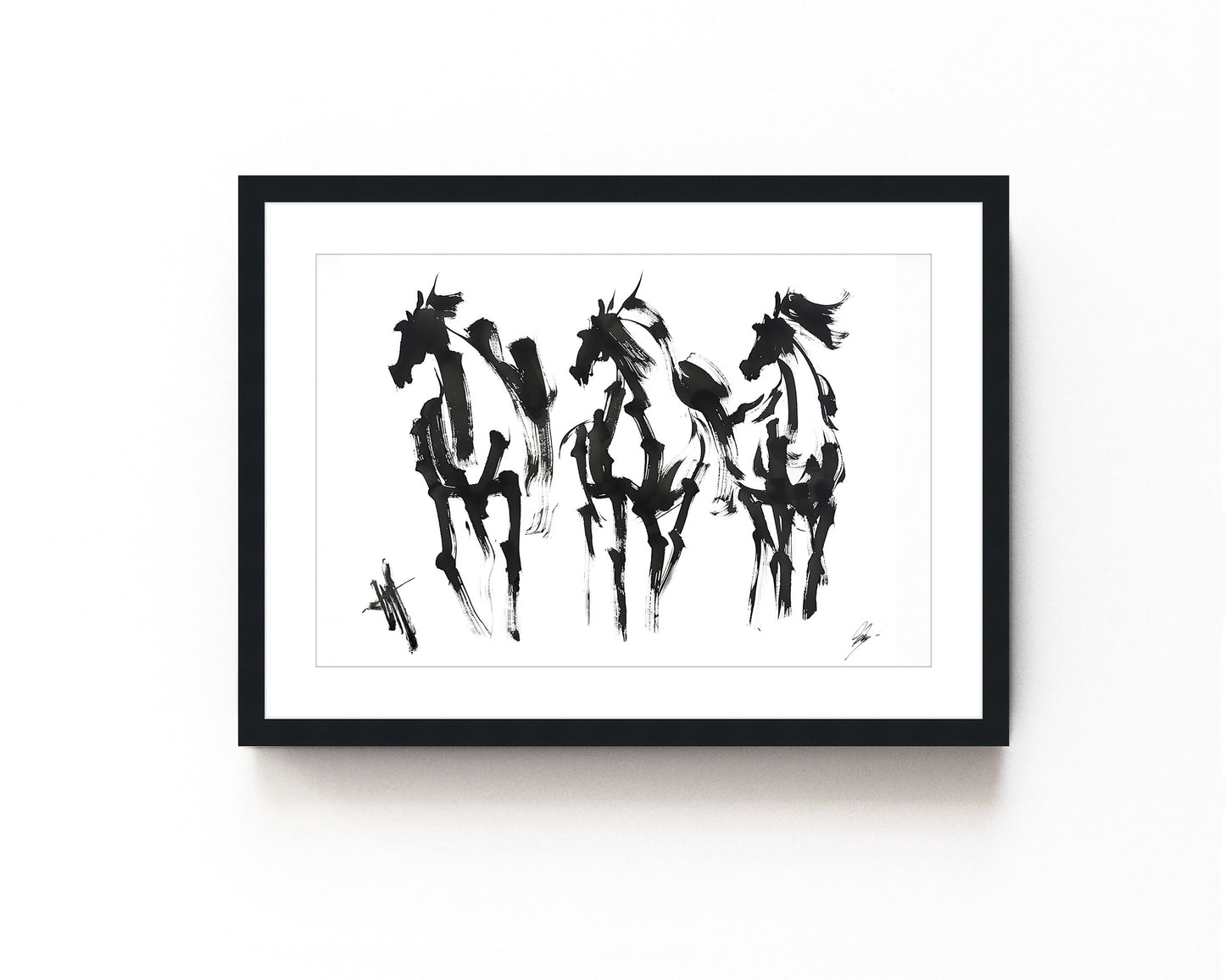 Bold abstract black and white horse art print featuring expressive brushstrokes capturing dynamic movement and equestrian energy.
